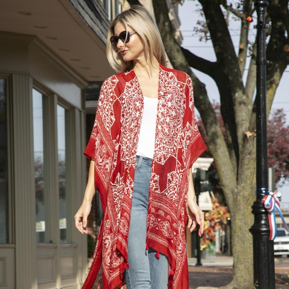 NWT Lovestitch Mandala Flower Kimono Red Cream Tassel Trim One Size